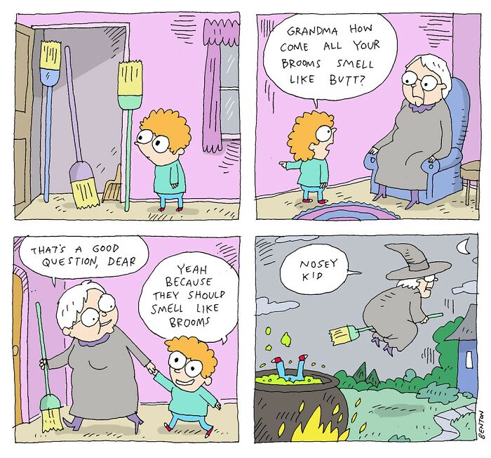 Comic by Jim Benton showing a clever twist with a child, grandma, and a humorous broom smell conversation.