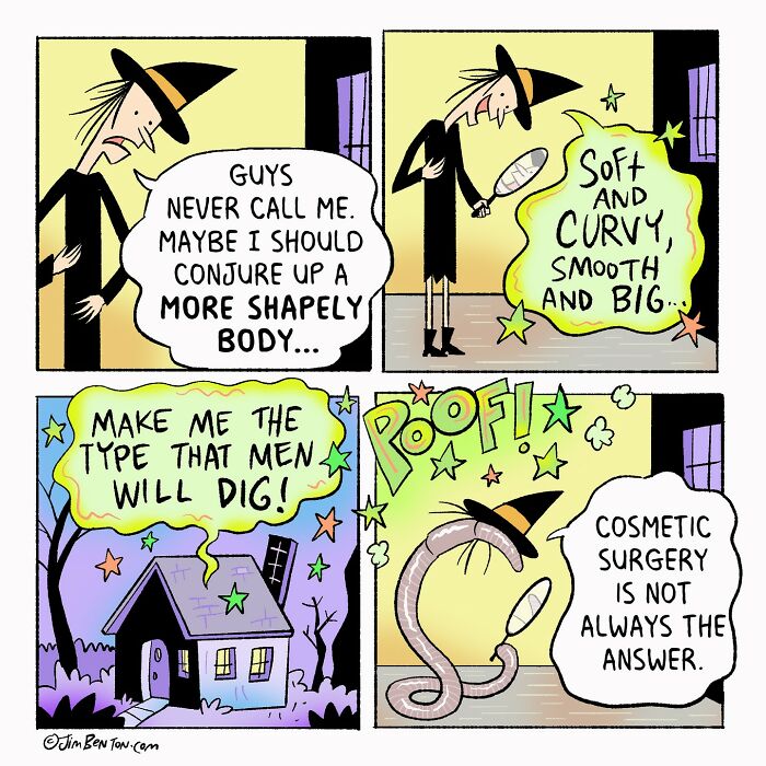 Comic by Jim Benton showing a witch trying to conjure a shapely body, highlighting clever unexpected twists.