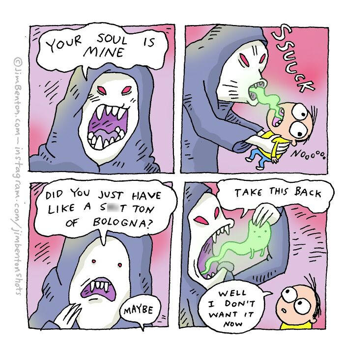 Comic by Jim Benton featuring a grim reaper with unexpected twists in a humorous soul-sucking scene.