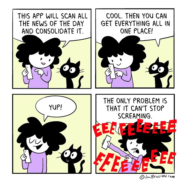 Comic by Jim Benton showing a girl and cat with an app that scans news but can't stop screaming.