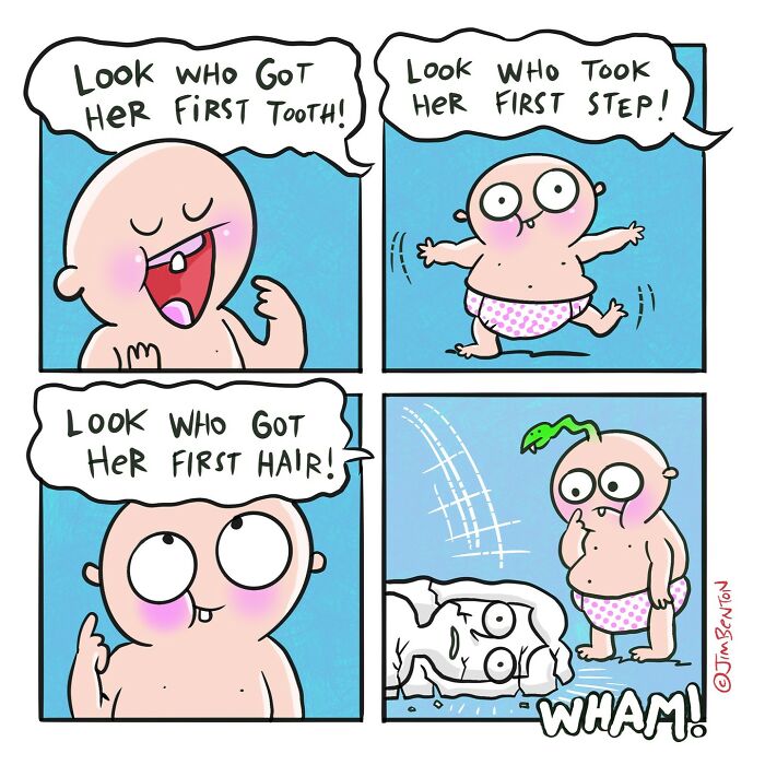 Comic by Jim Benton showing a baby’s first tooth, first step, first hair, and an unexpected twist with a dinosaur.