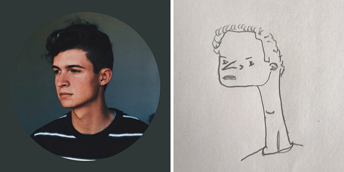 Profile pic with a humorous art makeover; original on left, quirky sketch on right.
