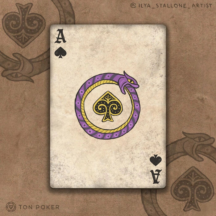 Ace of spades playing card featuring a medieval style design with a purple ouroboros snake circling a golden spade symbol.