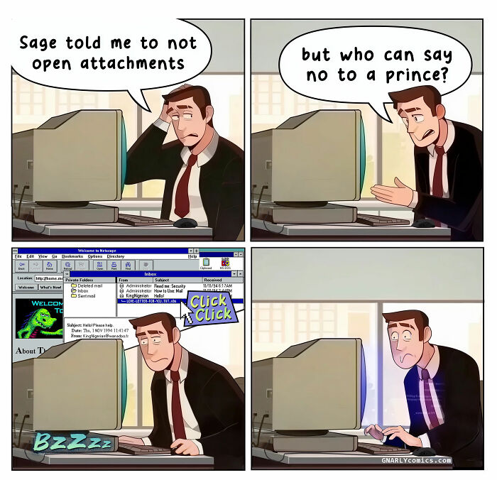 Comic strip by Victor Gnarly illustrating AI and life's little annoyances in a humorous office setting from 1995.