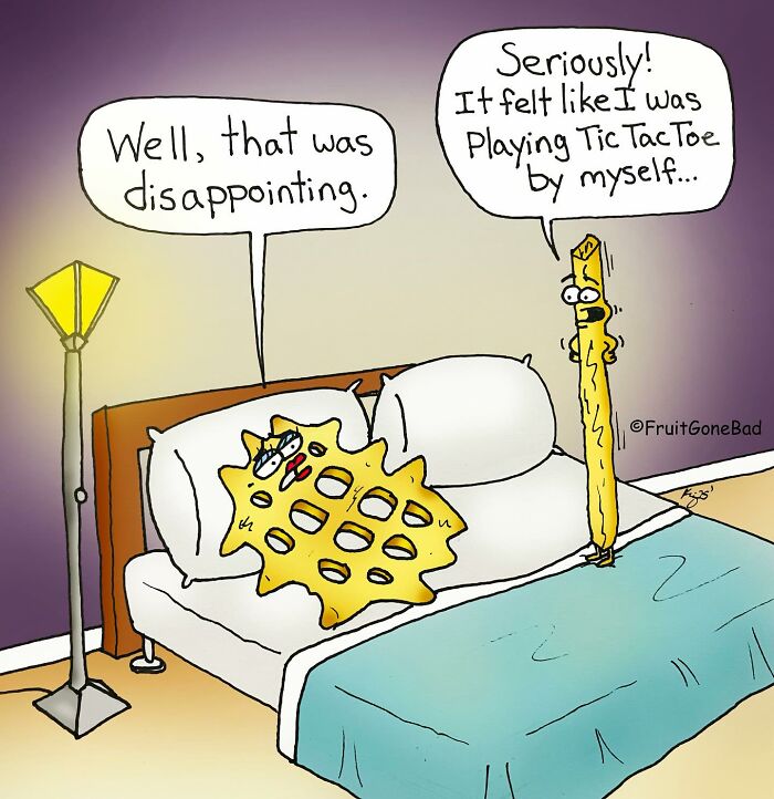 Cartoon waffle and breadstick characters having a funny conversation about disappointment in a bedroom, humor from Fruit Gone Bad.