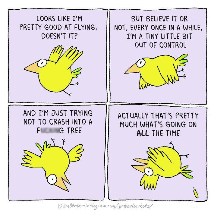 Comic by Jim Benton featuring a yellow bird humorously struggling to stay in control while flying, with unexpected twists.