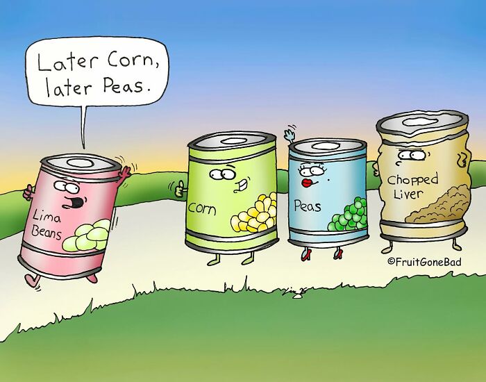 Cartoon of canned lima beans, corn, peas, and chopped liver with faces and limbs in a humorous fruit gone bad comic strip.