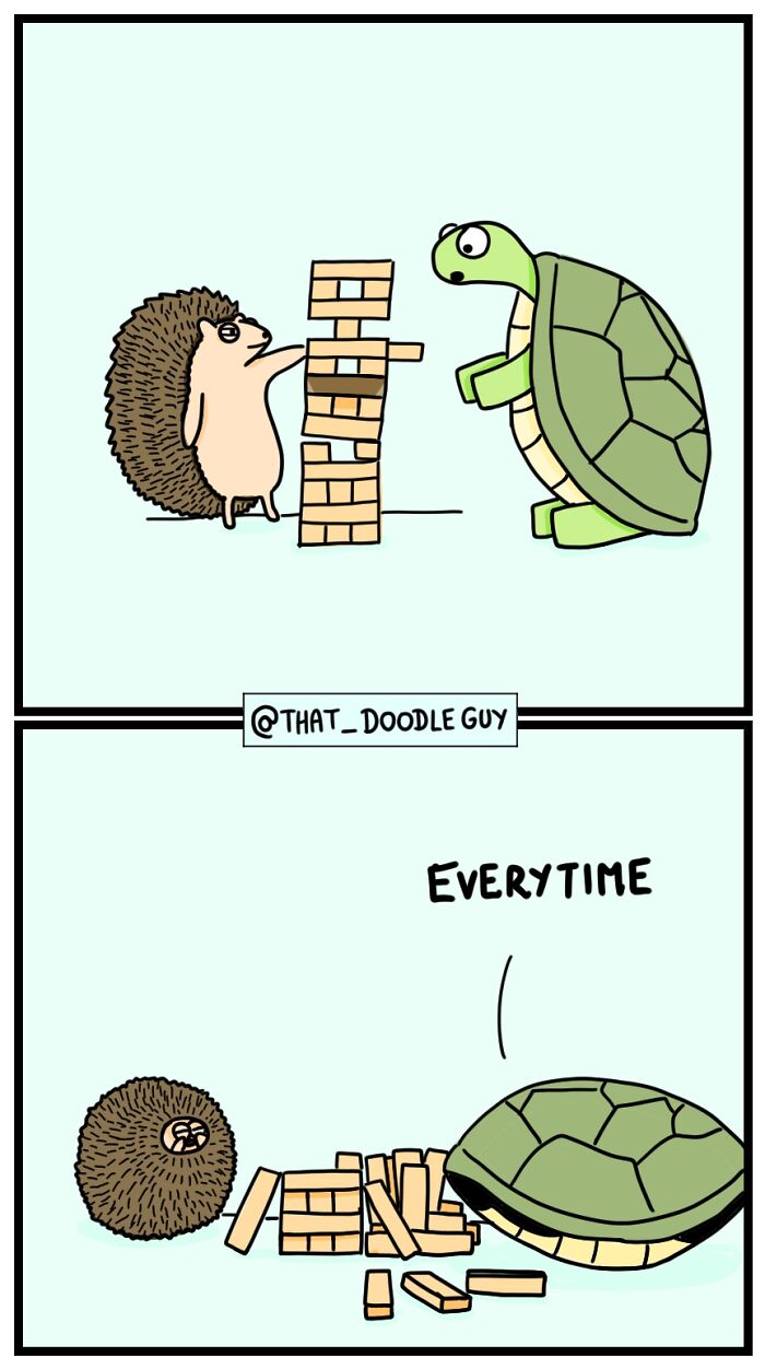 Hedgehog and turtle playing Jenga in a cute animal comic by Divyansh Sikka showing funny game moments.