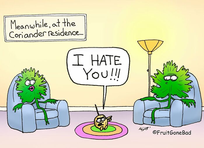 Cartoon from Fruit Gone Bad showing anthropomorphic coriander characters and a frustrated insect with a humorous punchline.