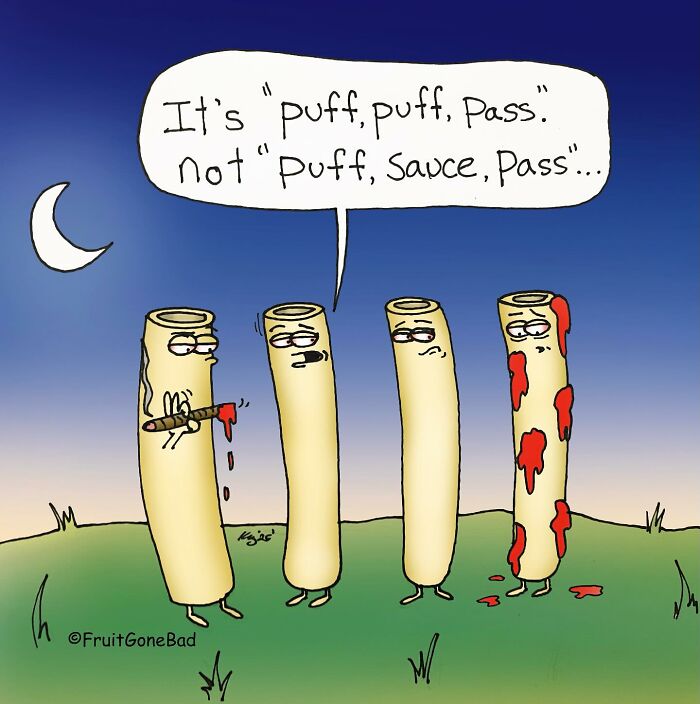 Four animated cigarette butts under a night sky with one correcting a phrase in a humorous cartoon style.