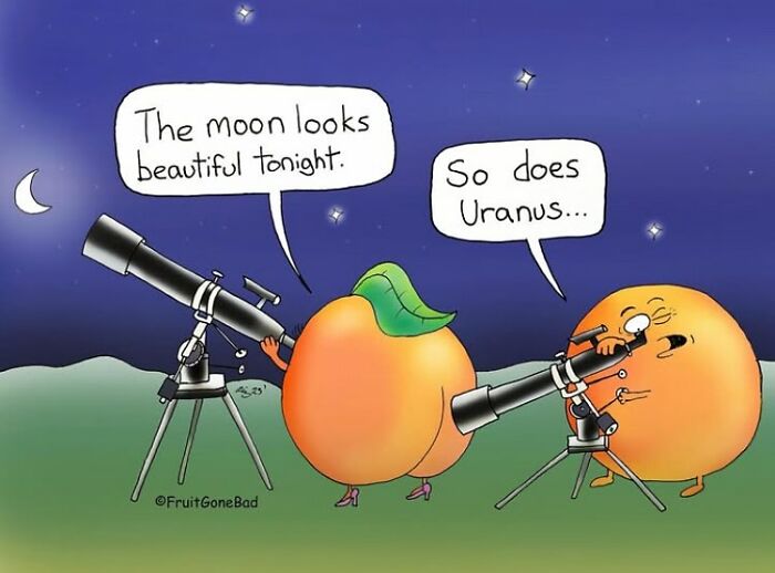 Cartoon of peaches using telescopes with a pun about the moon and Uranus, showcasing fruit gone bad humor.