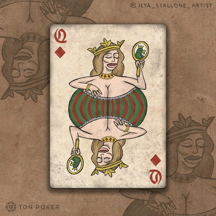 Medieval style Queen of Diamonds card featuring an artist's reimagined deck of cards with detailed illustrations.