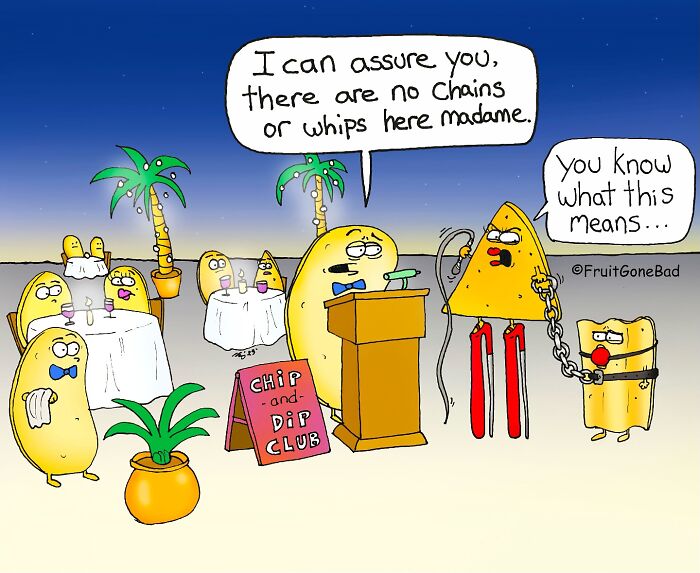 Cartoon showing fruit characters in a humorous scene, part of the Fruit Gone Bad collection of punchline jokes.