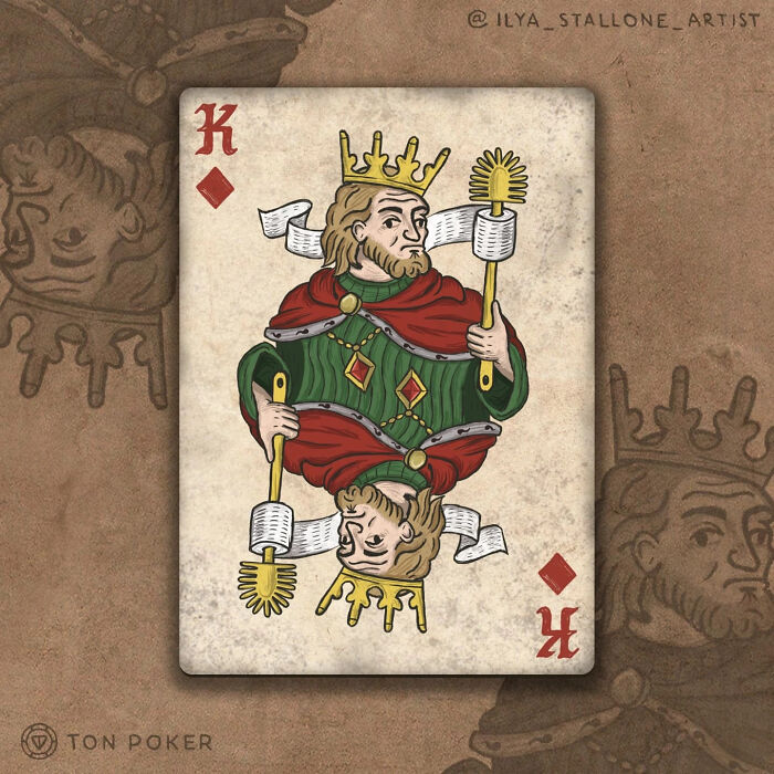 King of diamonds card reimagined in medieval style with detailed hand-drawn illustration and vintage textures.