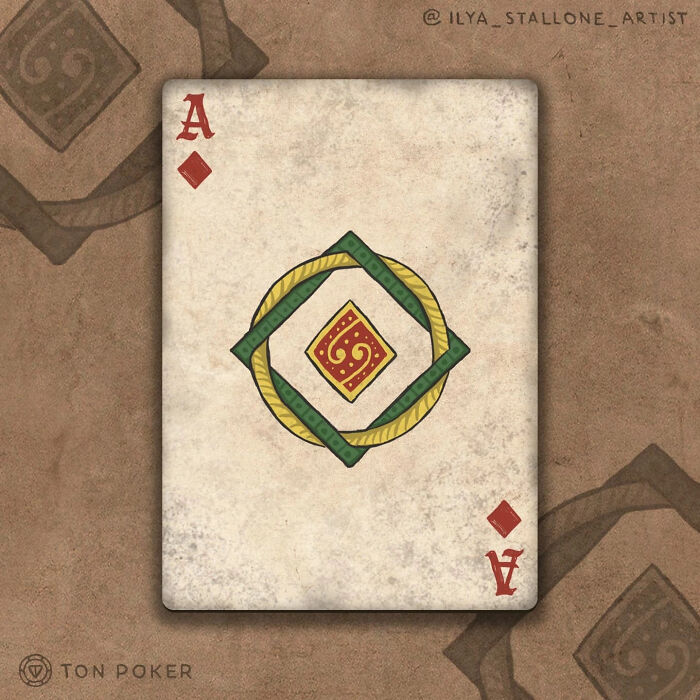 Ace of diamonds playing card designed in medieval style with intricate green and gold patterns on a textured background.