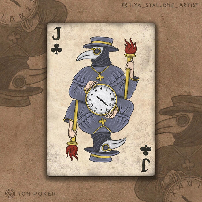Jack of clubs card reimagined in medieval style featuring a plague doctor holding a clock and torch.