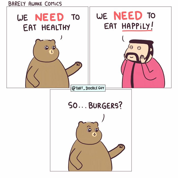Cute animal comic showing a bear and a man discussing healthy versus happy eating with a burger suggestion.