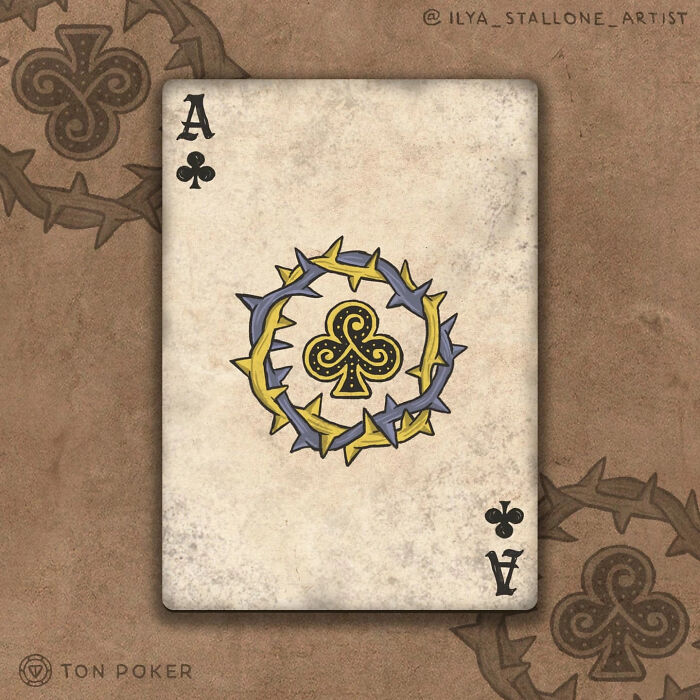 Ace of clubs playing card designed in medieval style with intricate thorn crown and vintage textures in artistic deck redesign.