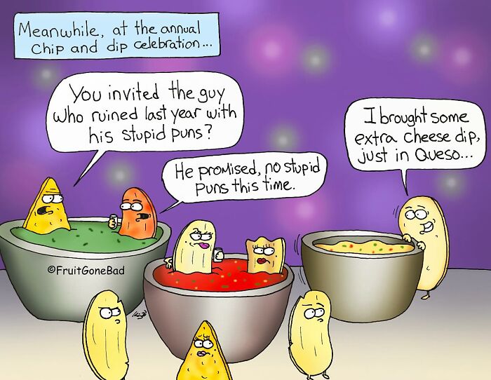 Cartoon chips and dips at a party, featuring pun-filled dialogue, illustrating humorous fruit and snack characters for fruit puns.