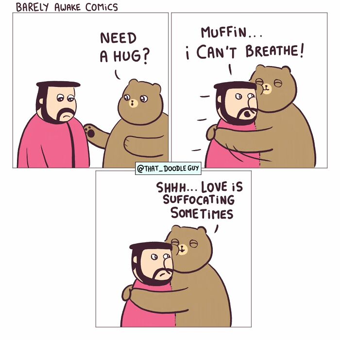 Cute animal comics by Divyansh Sikka showing a bear hugging a man with funny, heartwarming dialogue.