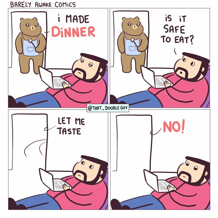 Comic strip of a bear offering dinner to a man who questions if it is safe to eat in cute animal comics.