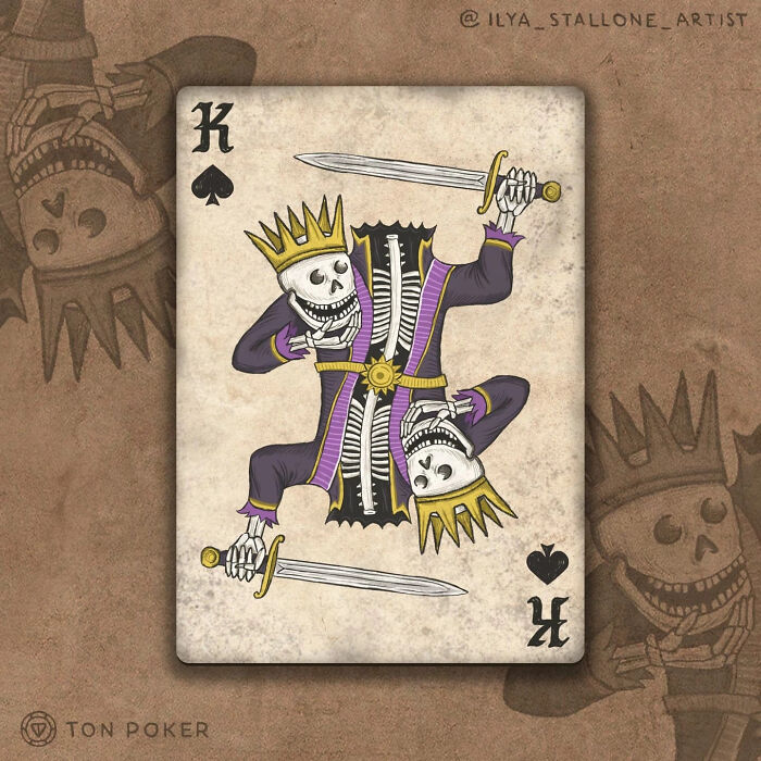 King of spades playing card reimagined in medieval style featuring skeletons with crowns and swords.