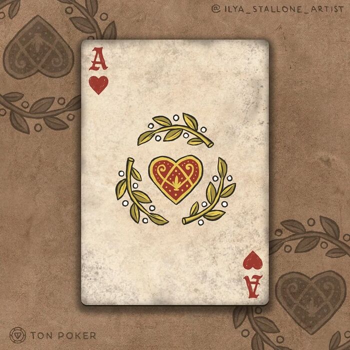 Ace of hearts medieval style card with ornate heart and laurel design on aged parchment background.