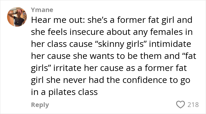 Comment from Ymane discussing insecurity and confidence related to Pilates class for people over 200 lbs and body image issues. Comment from Ymane discussing insecurity and confidence related to Pilates class for people over 200 lbs and body image issues.