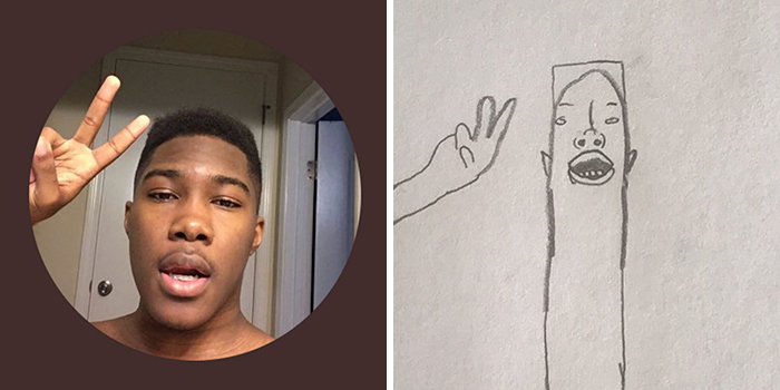 Person's profile pic with a peace sign humorously transformed into a long-faced cartoon drawing.