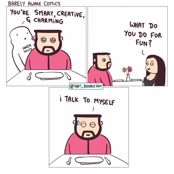 Comic panel showing a man talking to himself with an inner voice, featured in ridiculously cute animal comics by Divyansh Sikka.