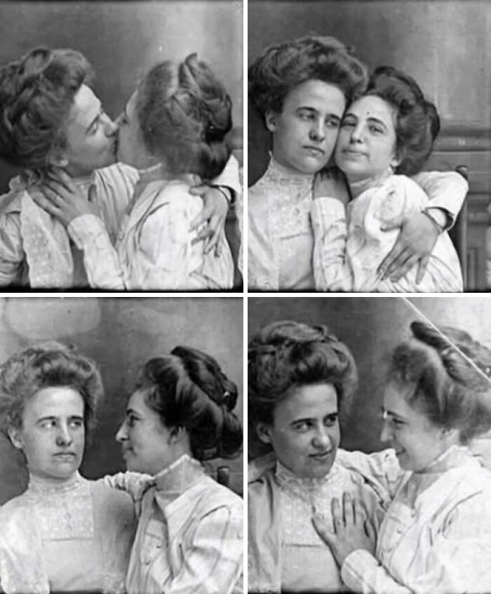 Four antique historical photographs showing two women in vintage clothing sharing affectionate and intimate moments together.