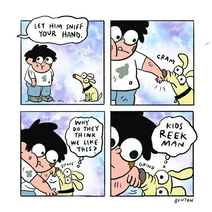 Comic by Jim Benton showing a dog sniffing a kid’s hand with a humorous twist on kids smelling bad.