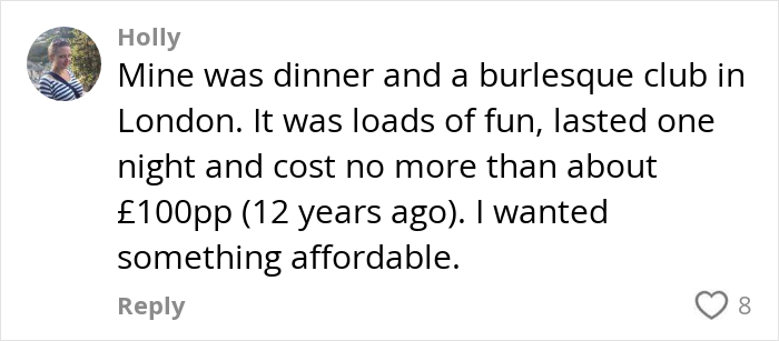 Social media comment discussing affordable hen party costs including dinner and a burlesque club in London. Social media comment discussing affordable hen party costs including dinner and a burlesque club in London.