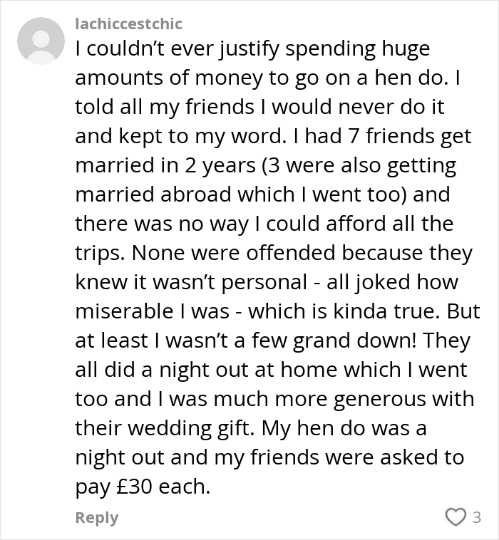 Comment discussing the rising costs and personal views on paying for hen parties and hen do expenses. Comment discussing the rising costs and personal views on paying for hen parties and hen do expenses.