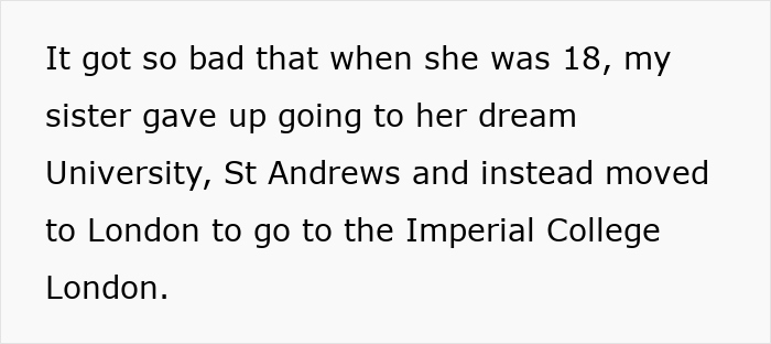 Text excerpt discussing a sister changing university plans after difficult circumstances related to family conflict. Text excerpt discussing a sister changing university plans after difficult circumstances related to family conflict.