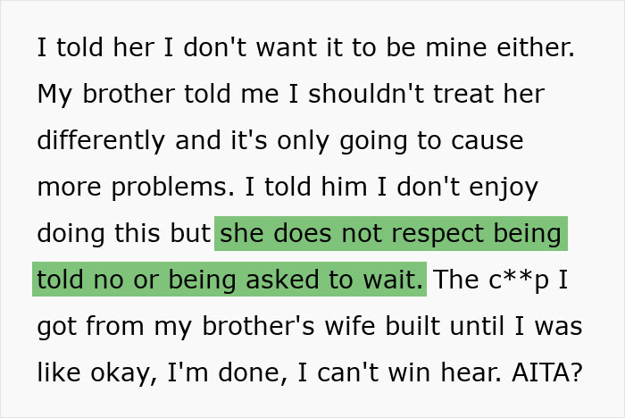 Text excerpt discussing conflict about refusing kid outings with brother’s kids due to lack of respect and causing problems. Text excerpt discussing conflict about refusing kid outings with brother’s kids due to lack of respect and causing problems.