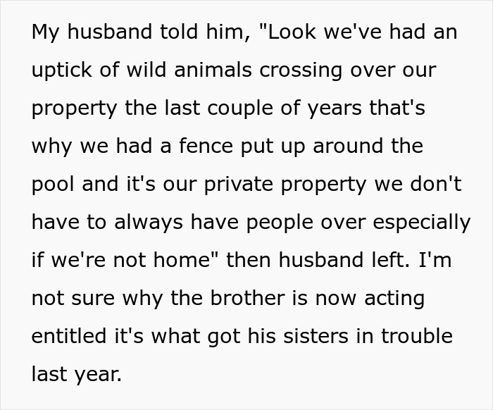 Alt text: Text excerpt describing neighbors sending their relatives to use a private pool without consent and property disputes. Alt text: Text excerpt describing neighbors sending their relatives to use a private pool without consent and property disputes.