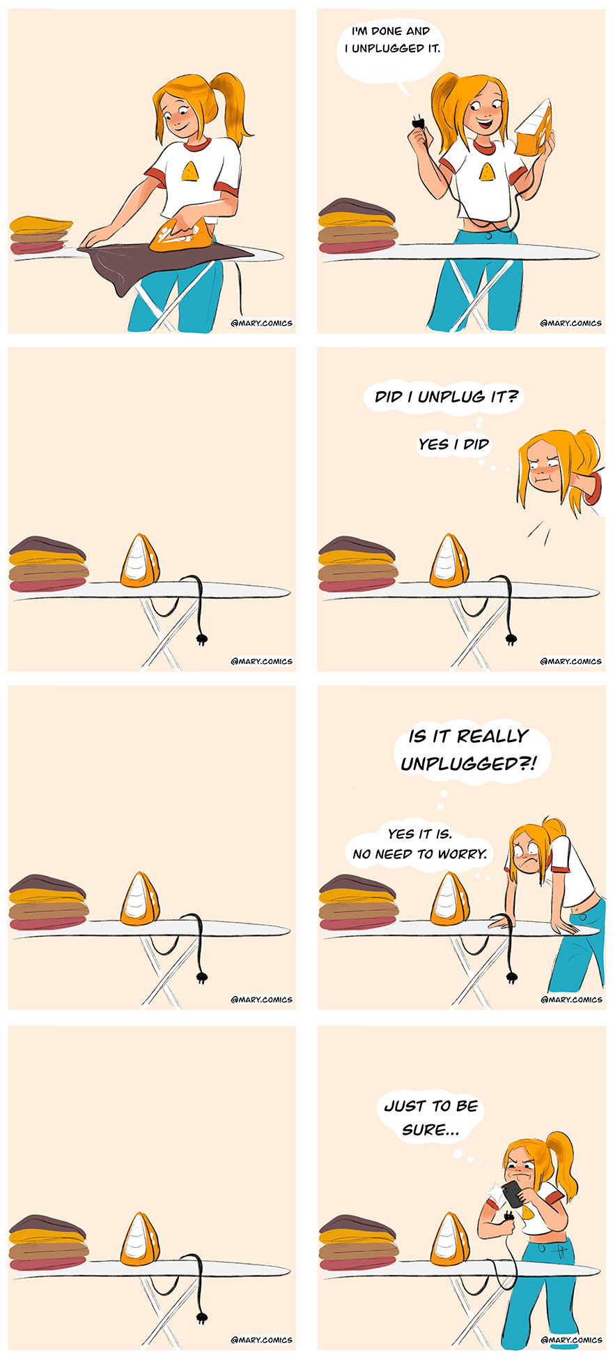 Comic strip by artist showing relatable moments of young people worrying about unplugging an iron correctly.