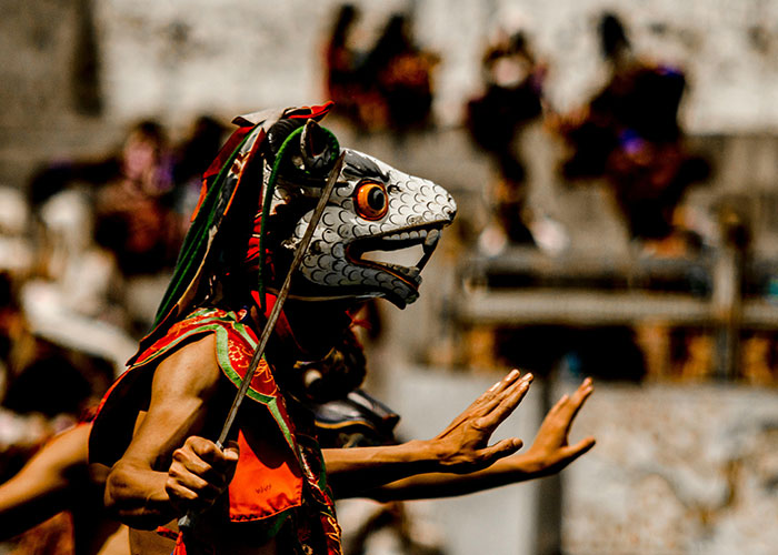 Person wearing traditional animal mask and colorful costume performing in cultural event about living in home countries.