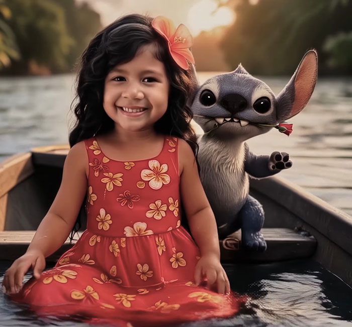 Young girl with flower in hair sitting with Stitch character in boat, Disney fans debate character look change in live-action. Young girl with flower in hair sitting with Stitch character in boat, Disney fans debate character look change in live-action.