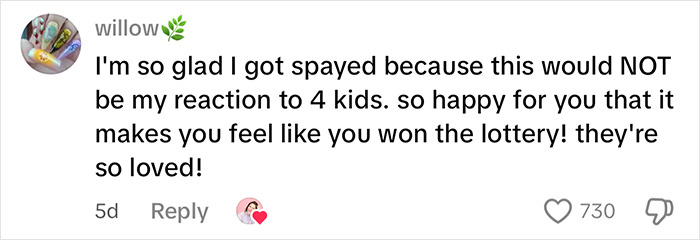 Comment expressing relief about being spayed and reacting to having four kids, highlighting mom and kids surprise. Comment expressing relief about being spayed and reacting to having four kids, highlighting mom and kids surprise.