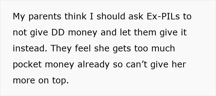 Text showing parents asking ex-in-laws to stop giving kid money due to jealousy and generosity concerns. Text showing parents asking ex-in-laws to stop giving kid money due to jealousy and generosity concerns.