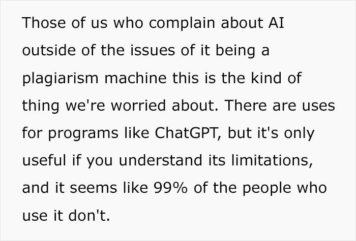 Text about concerns with AI using ChatGPT and issues of plagiarism, highlighting misunderstandings of AI limitations. Text about concerns with AI using ChatGPT and issues of plagiarism, highlighting misunderstandings of AI limitations.