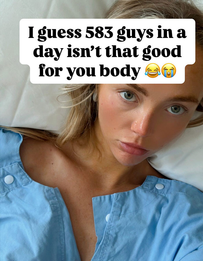 Young woman in a hospital gown sharing a bleeding update after risky activity with 583 men in 6 hours. Young woman in a hospital gown sharing a bleeding update after risky activity with 583 men in 6 hours.