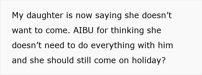 Text message about a family trip dispute where daughter refuses to join because boyfriends don't count as family. Text message about a family trip dispute where daughter refuses to join because boyfriends don't count as family.