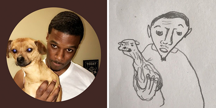 Person holding a dog next to a humorous sketch makeover of the same image.