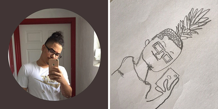 Profile pic makeover by artist: original photo and humorous drawing with pineapple-like hair.