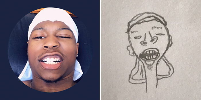 Profile picture with a comical artistic makeover, illustrating a person's portrait and its humorous sketch reinterpretation.