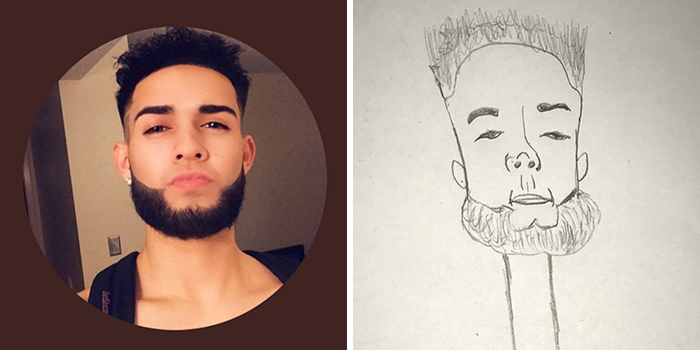 Profile picture hilariously transformed by artist's drawing, showing a bearded man with curly hair in a creative sketch.
