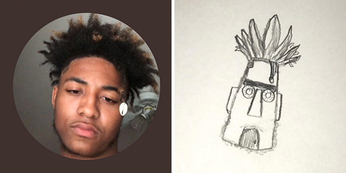 Person's profile pic next to a humorous drawing makeover with unique hair sketch by an artist.